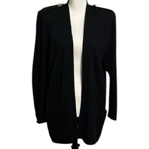 St John Cardigan Black Open Front Size S Santana Knit. Logo buttons Gorgeous!